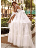 Bow Tulle Straps Ivory Lace Split Wedding Dress